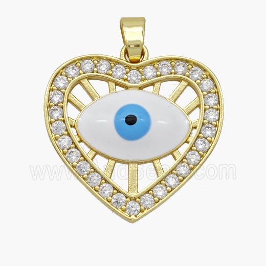 Copper Heart Pendant Pave Zirconia Evil Eye White Enamel Gold Plated
