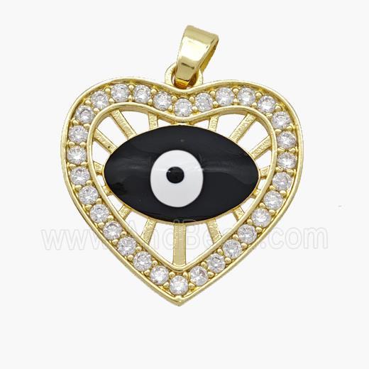Copper Heart Pendant Pave Zirconia Evil Eye Black Enamel Gold Plated