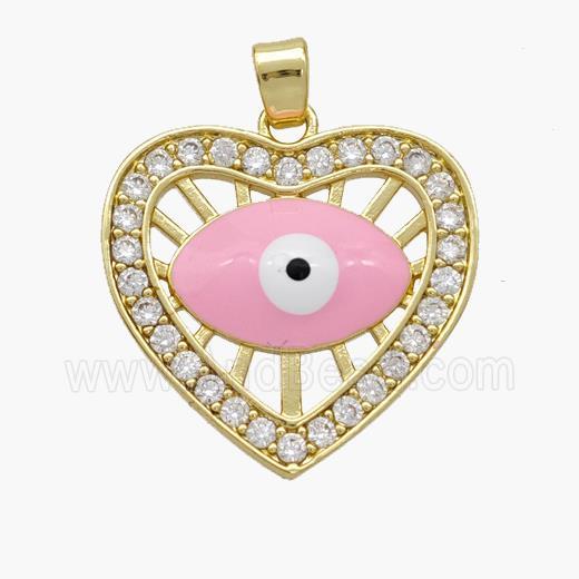 Copper Heart Pendant Pave Zirconia Evil Eye Pink Enamel Gold Plated