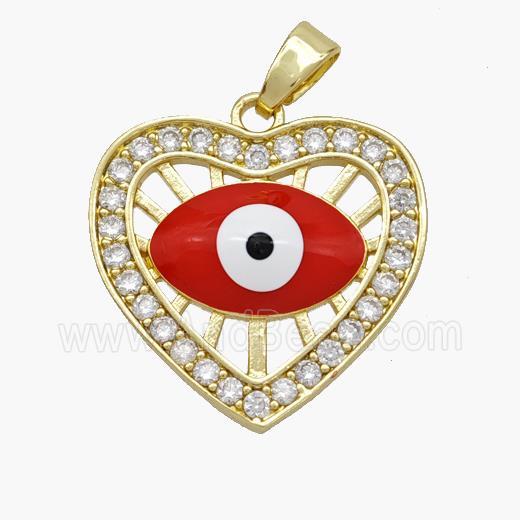 Copper Heart Pendant Pave Zirconia Evil Eye Red Enamel Gold Plated