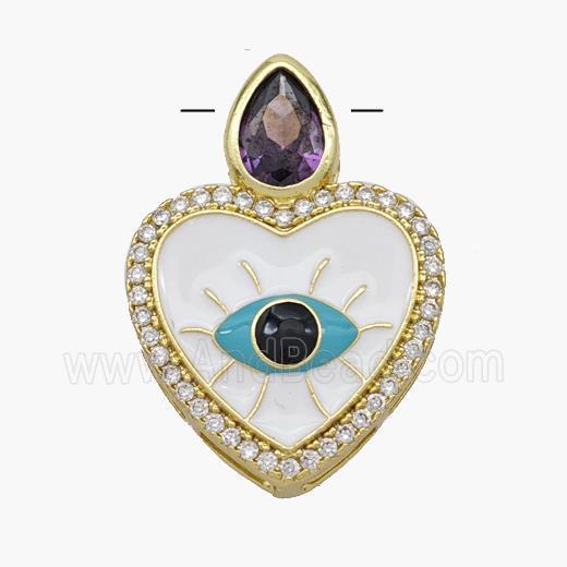 Copper Heart Pendant Pave Zirconia Evil Eye White Enamel Gold Plated