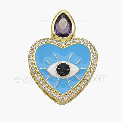 Copper Heart Pendant Pave Zirconia Evil Eye Blue Enamel Gold Plated