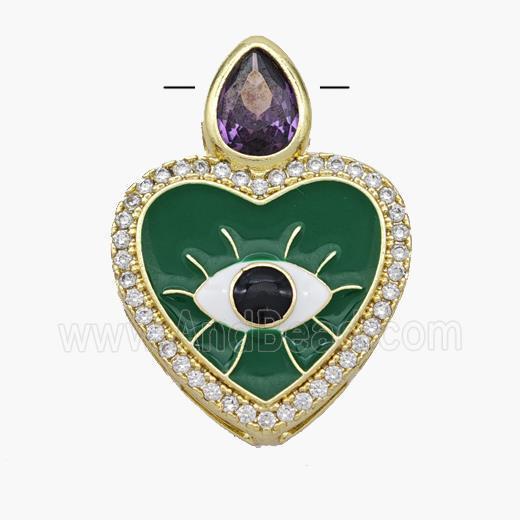 Copper Heart Pendant Pave Zirconia Evil Eye Green Enamel Gold Plated