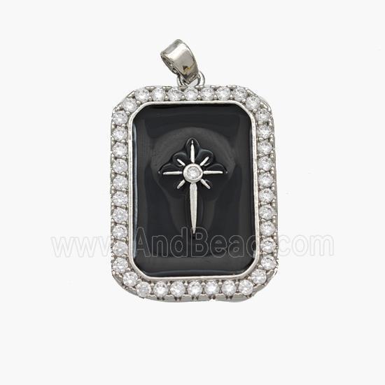 Copper Rectangle Pendant Pave Zirconia Black Enamel Northstar Platinum Plated
