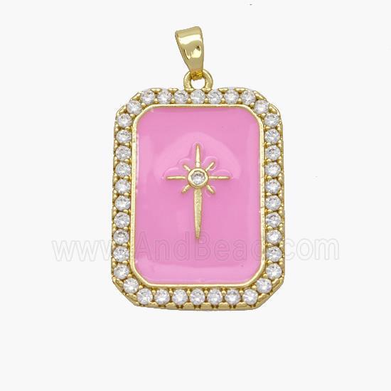 Copper Rectangle Pendant Pave Zirconia Pink Enamel Northstar Gold Plated