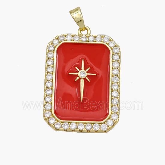 Copper Rectangle Pendant Pave Zirconia Red Enamel Northstar Gold Plated