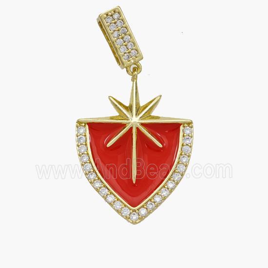 Copper Northstar Pendant Pave Zirconia Red Enamel Shield Gold Plated