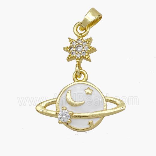 Copper Planet Pendant White Enamel Star Pave Zirconia Gold Plated