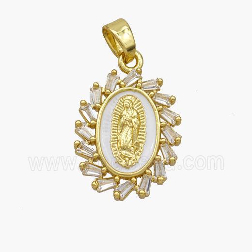 Virgin Mary Charms Copper Pendant Pave Zirconia White Enamel Gold Plated