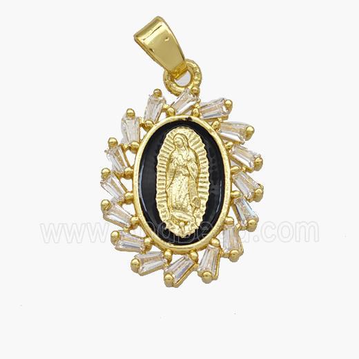 Virgin Mary Charms Copper Pendant Pave Zirconia Black Enamel Gold Plated