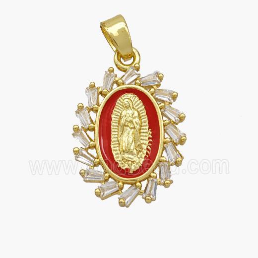 Virgin Mary Charms Copper Pendant Pave Zirconia Red Enamel Gold Plated
