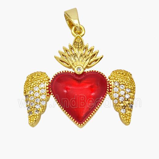 Copper Heart Pendant Red Painted Angel Wings Pave Zirconia Gold Plated