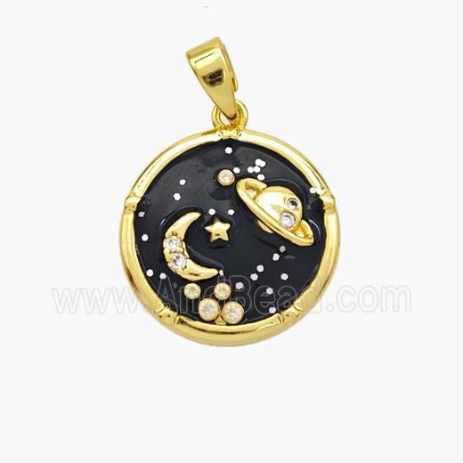 Copper Planet Pendant Black Enamel Moonstone Gold Plated
