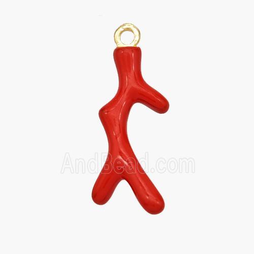 Copper Pendant Coral Branch Red Enamel Gold Plated