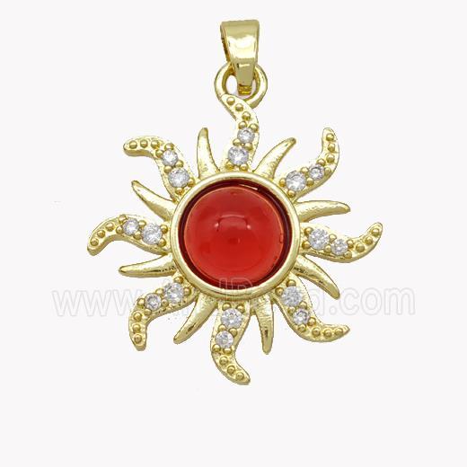 Copper Sun Pendant Pave Zirconia Red Jade Gold Plated