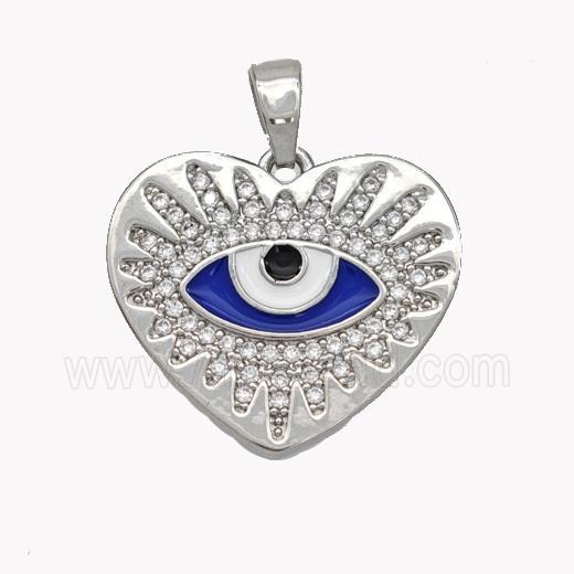 Copper Heart Pendant Pave Zirconia Blue Enamel Evil Eye Platinum Plated