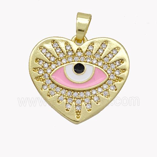 Copper Heart Pendant Pave Zirconia Pink Enamel Evil Eye Gold Plated