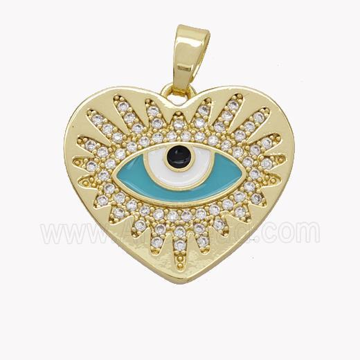 Copper Heart Pendant Pave Zirconia Teal Enamel Evil Eye Gold Plated