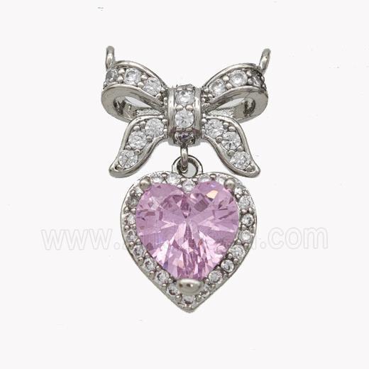 Copper Bow Heart Pendant Pave Crystal Glass Zirconia 2loops Platinum Plated