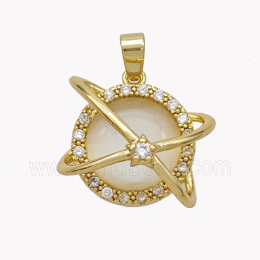 Copper Planet Pendant Pave Cateye Glass Zirconia Gold Plated