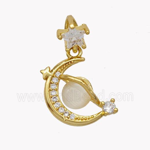 Copper Moon Pendant Pave Cateye Glass Zirconia Gold Plated