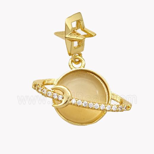 Copper Planet Pendant Pave Cateye Glass Zirconia Gold Plated