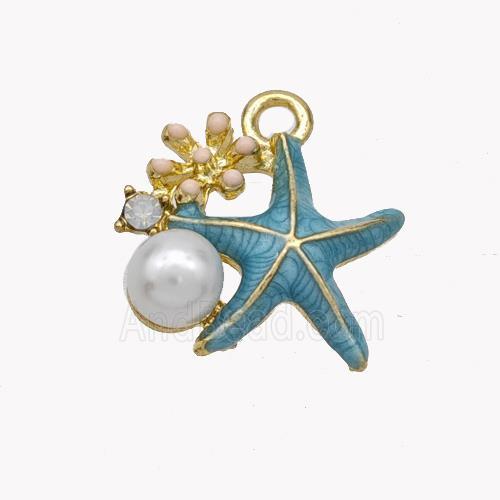 Copper Starfish Pendant Pave Pearlized Resin Blue Painted Gold Plated