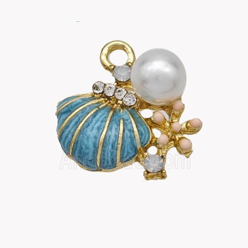Copper Conch Pendant Pave Pearlized Resin Blue Painted Gold Plated