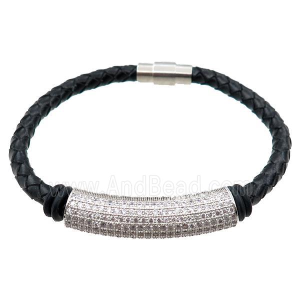 PU leather bracelets with magnetic clasp, copper tube beads pave zircon