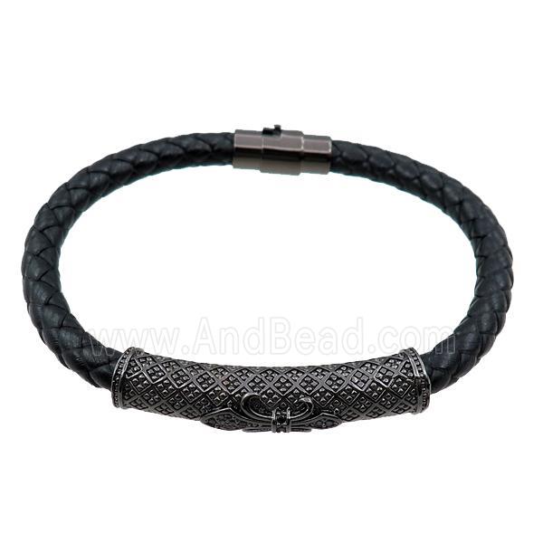 PU leather bracelets with magnetic clasp, black copper tube beads pave zircon