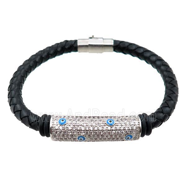 PU leather bracelets with magnetic clasp, copper tube beads pave zircon, evil eye