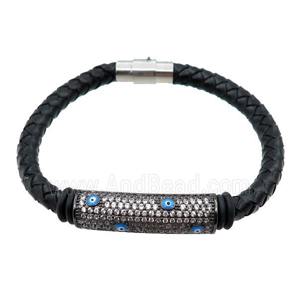 PU leather bracelet with magnetic clasp, copper tube beads pave zircon, evil eye