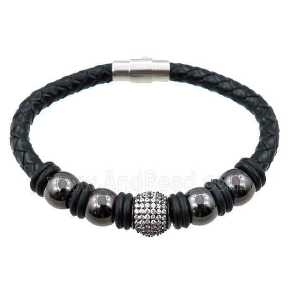PU leather bracelet with magnetic clasp, copper beads pave zircon