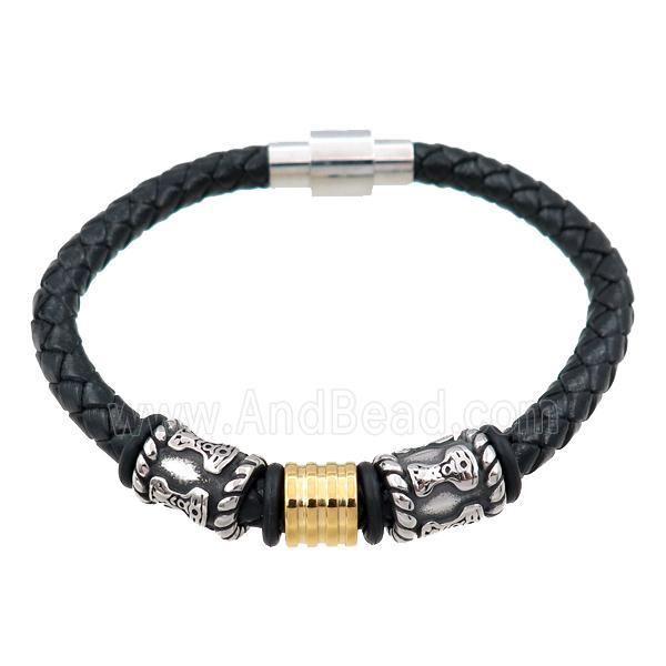 PU leather bracelet with magnetic clasp, stainless steel beads