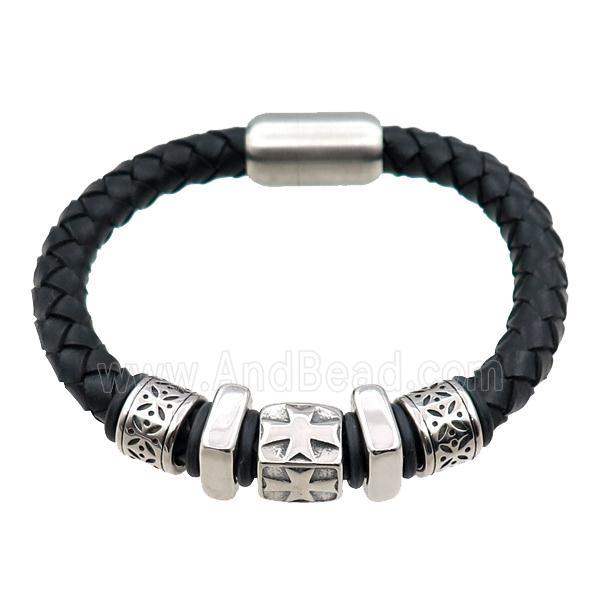 PU leather bracelet with magnetic clasp, stainless steel beads