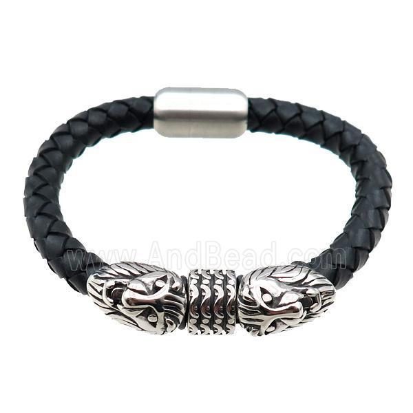 PU leather bracelet with magnetic clasp, stainless steel beads