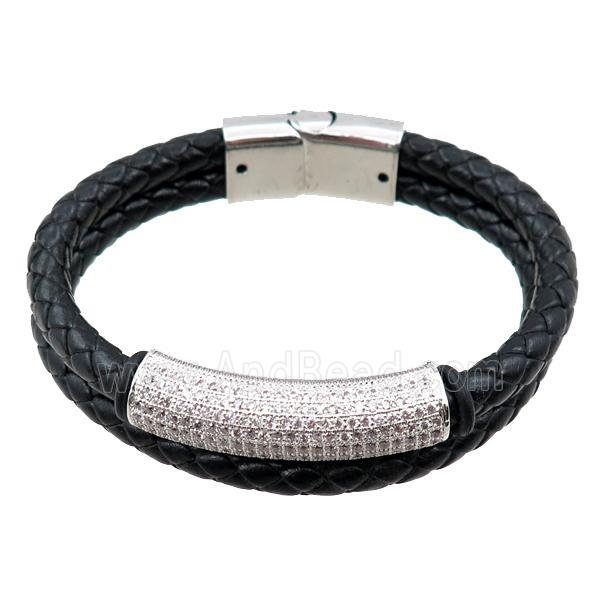PU leather bracelet with magnetic clasp, copper tube beads pave zircon