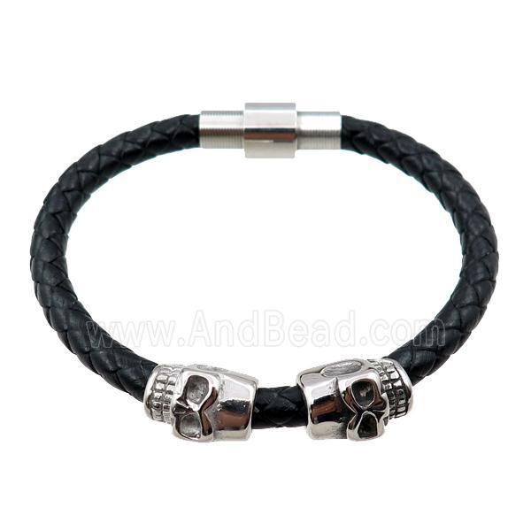 PU leather bracelets with magnetic clasp, stainless steel skull bead
