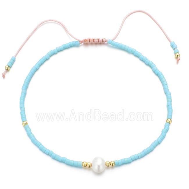 handmade miyuki seed glass Bracelet with Pearl, adjustable, aqua