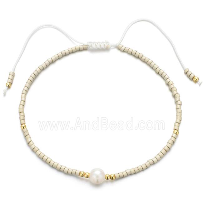 handmade miyuki glass Bracelet with Pearl, adjustable, beige