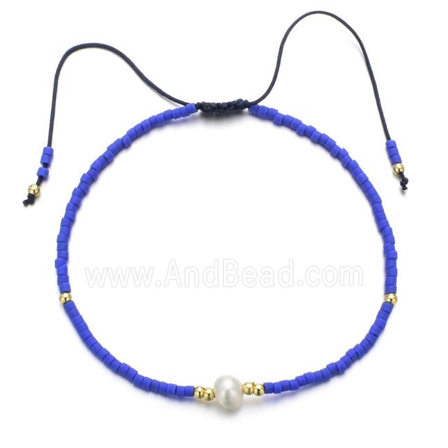 handmade miyuki glass Bracelet with Pearl, adjustable, blue