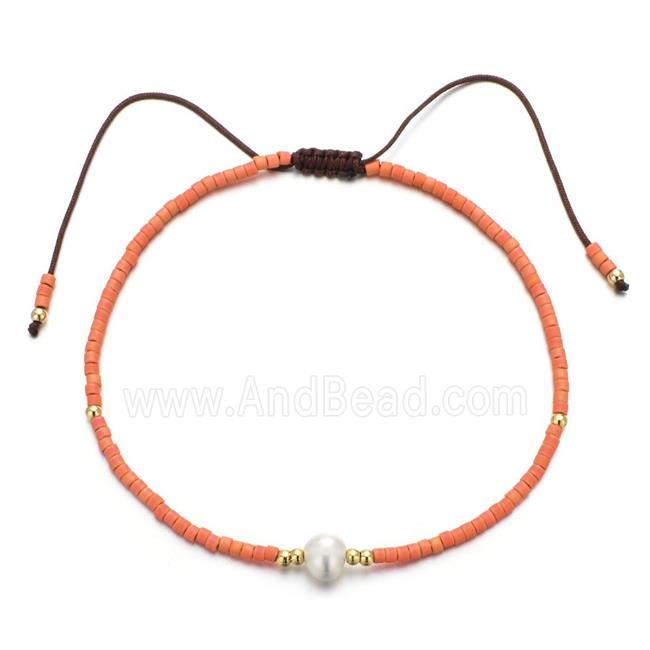handmade miyuki glass Bracelet with Pearl, adjustable, orange