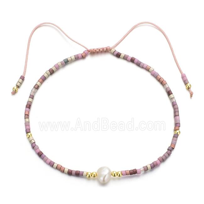 handmade miyuki glass Bracelet with Pearl, adjustable, pink