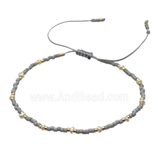 handmade gray miyuki glass Bracelet with Pearl, adjustable