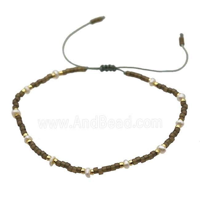 handmade coffee miyuki glass Bracelet with Pearl, adjustable