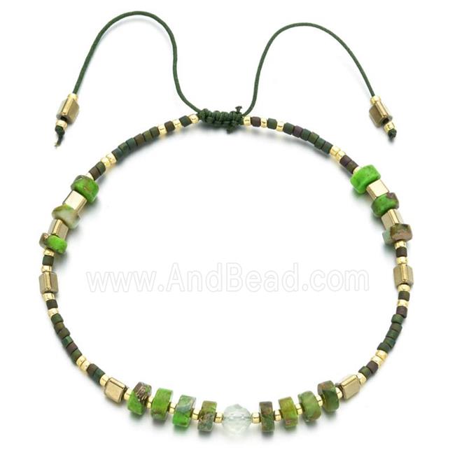 handmade miyuki glass Bracelet with Imperial Jasper, adjustable, olive