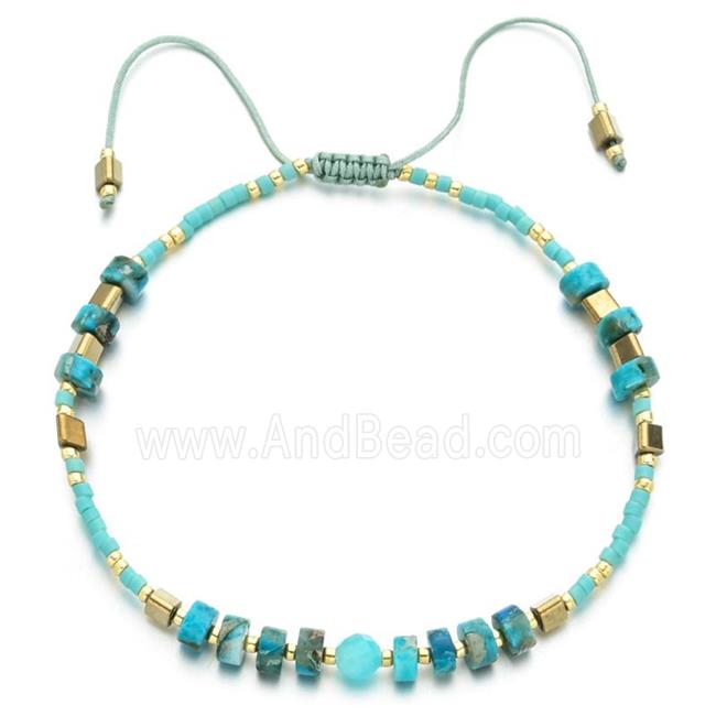 handmade miyuki glass Bracelet with Imperial Jasper, adjustable, aqua