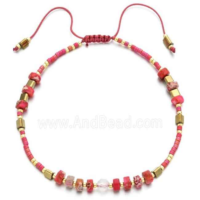 handmade miyuki glass Bracelet with Imperial Jasper, adjustable, pink