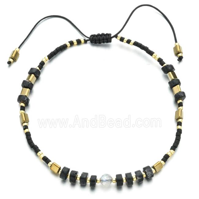 handmade miyuki glass Bracelet with Imperial Jasper, adjustable, black