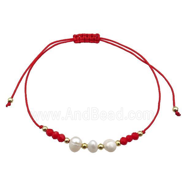 Pearl Bracelet With Crystal Glass Adjustable Red